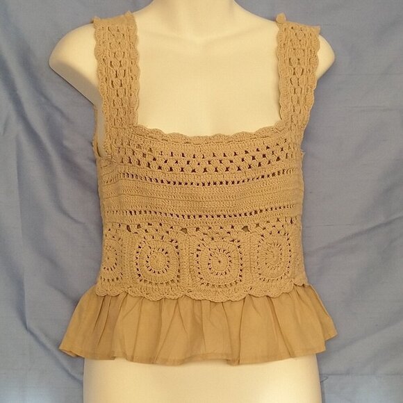 Rebelion Again Beige Size Medium Crochet Boho Ruffle Crop Cotton - Picture 1 of 3